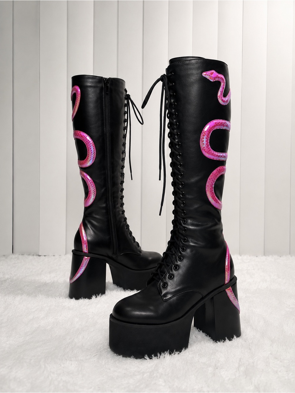 CLUB EXX Mamba Faux Leather Iridescent Snake Knee High Platform Combat Boots 9
